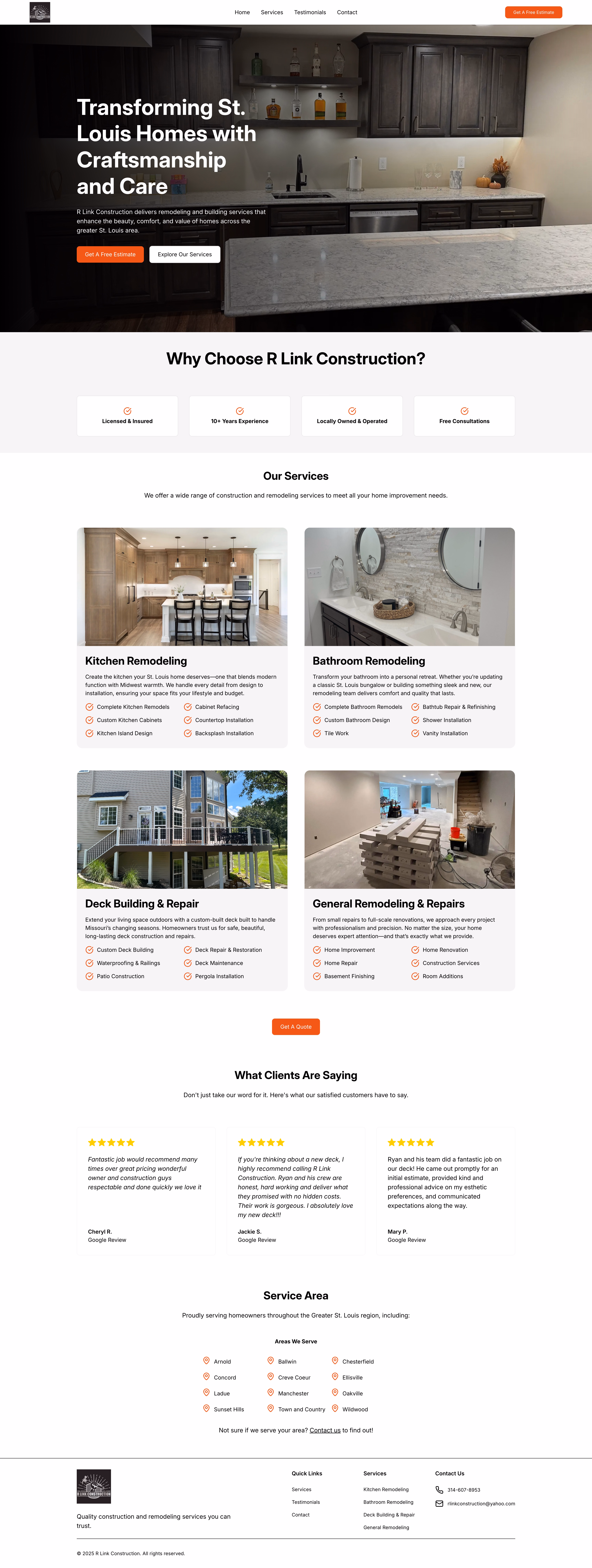 R Link Construction — full landing page screenshot showing services, testimonials, and service area